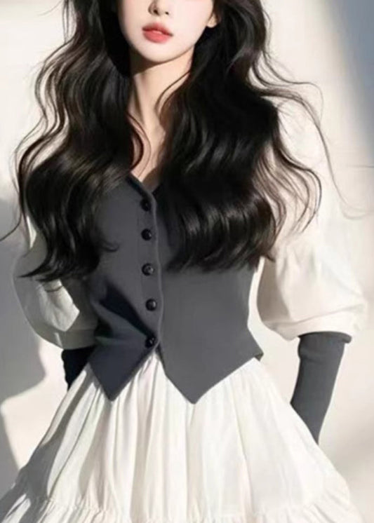 Organic White V Neck Button Mid Dress Puff Sleeve