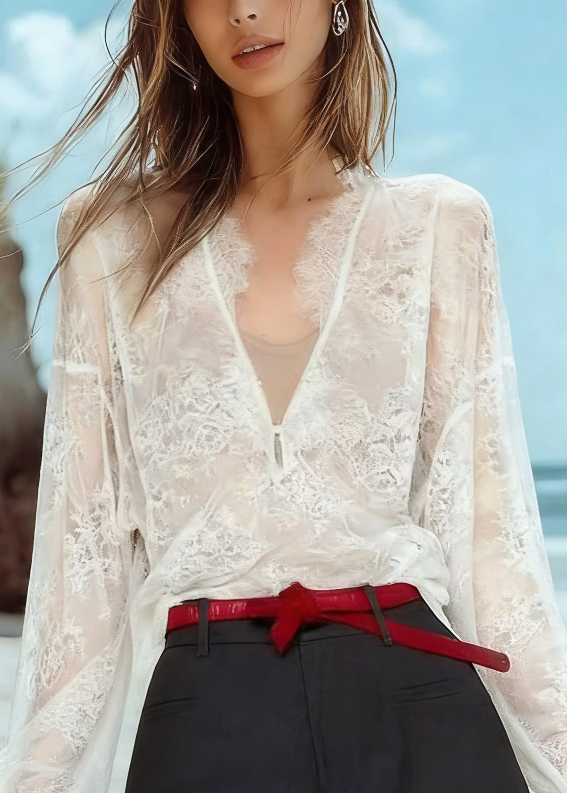 Organic White V Neck LaceTop And Shorts Two Pieces Set Spring