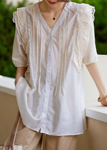 Load image into Gallery viewer, Organic White V Neck Patchwork Hollow Out Silk Shirts Short Sleeve