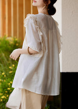 Load image into Gallery viewer, Organic White V Neck Patchwork Hollow Out Silk Shirts Short Sleeve