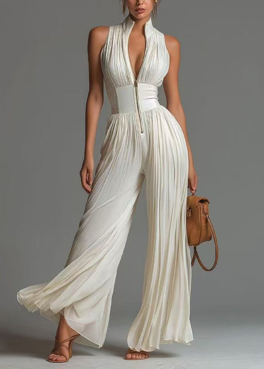 Organic White Wrinkled Zip Up Print Chiffon Jumpsuit Sleevelesse