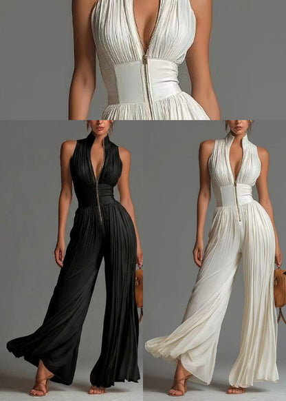 Organic White Wrinkled Zip Up Print Chiffon Jumpsuit Sleevelesse