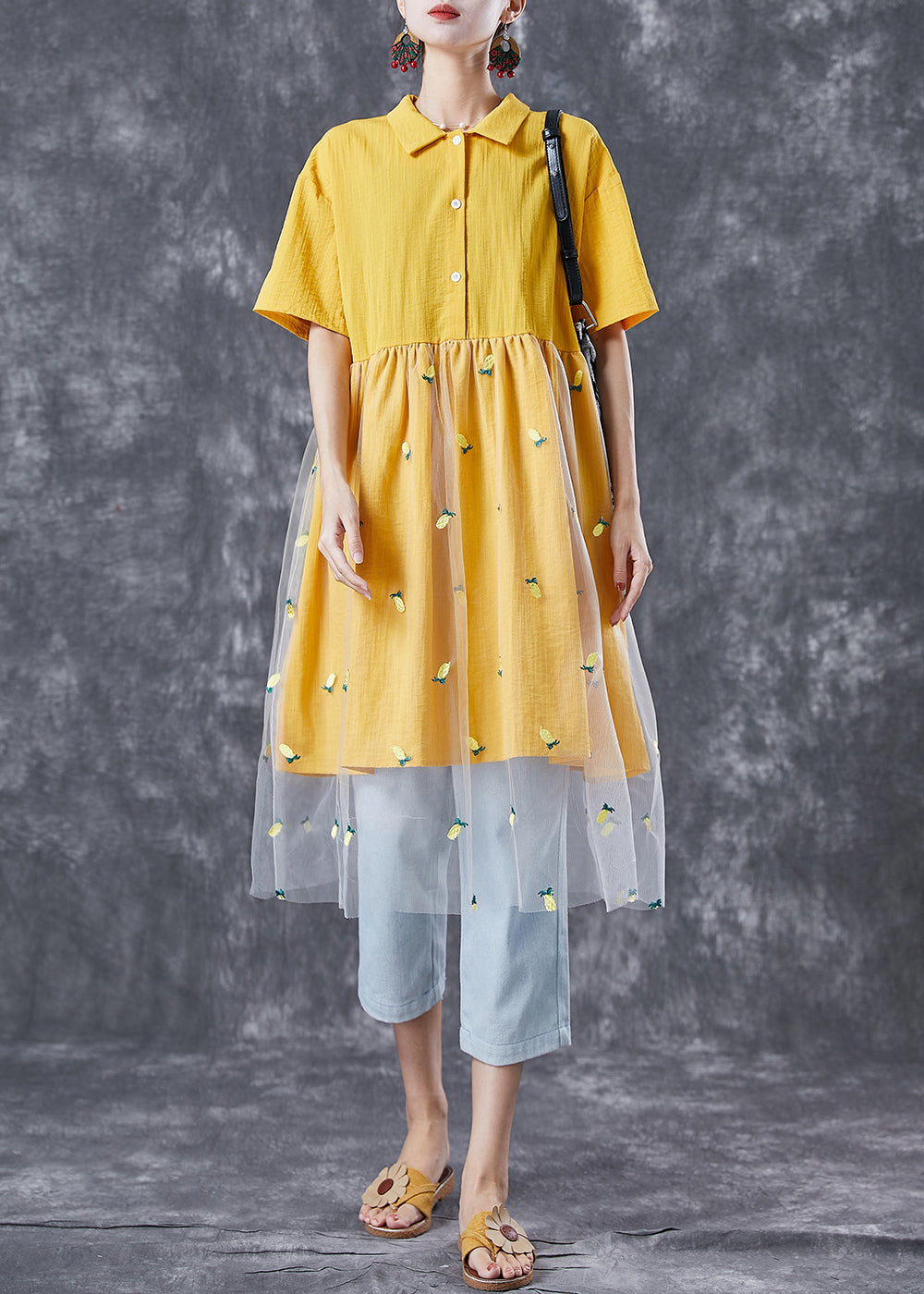 Organic Yellow Embroidered Patchwork Tulle Cotton Dress Summer