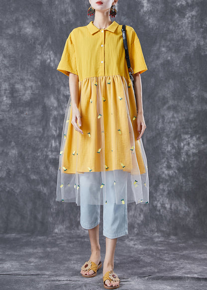 Organic Yellow Embroidered Patchwork Tulle Cotton Dress Summer