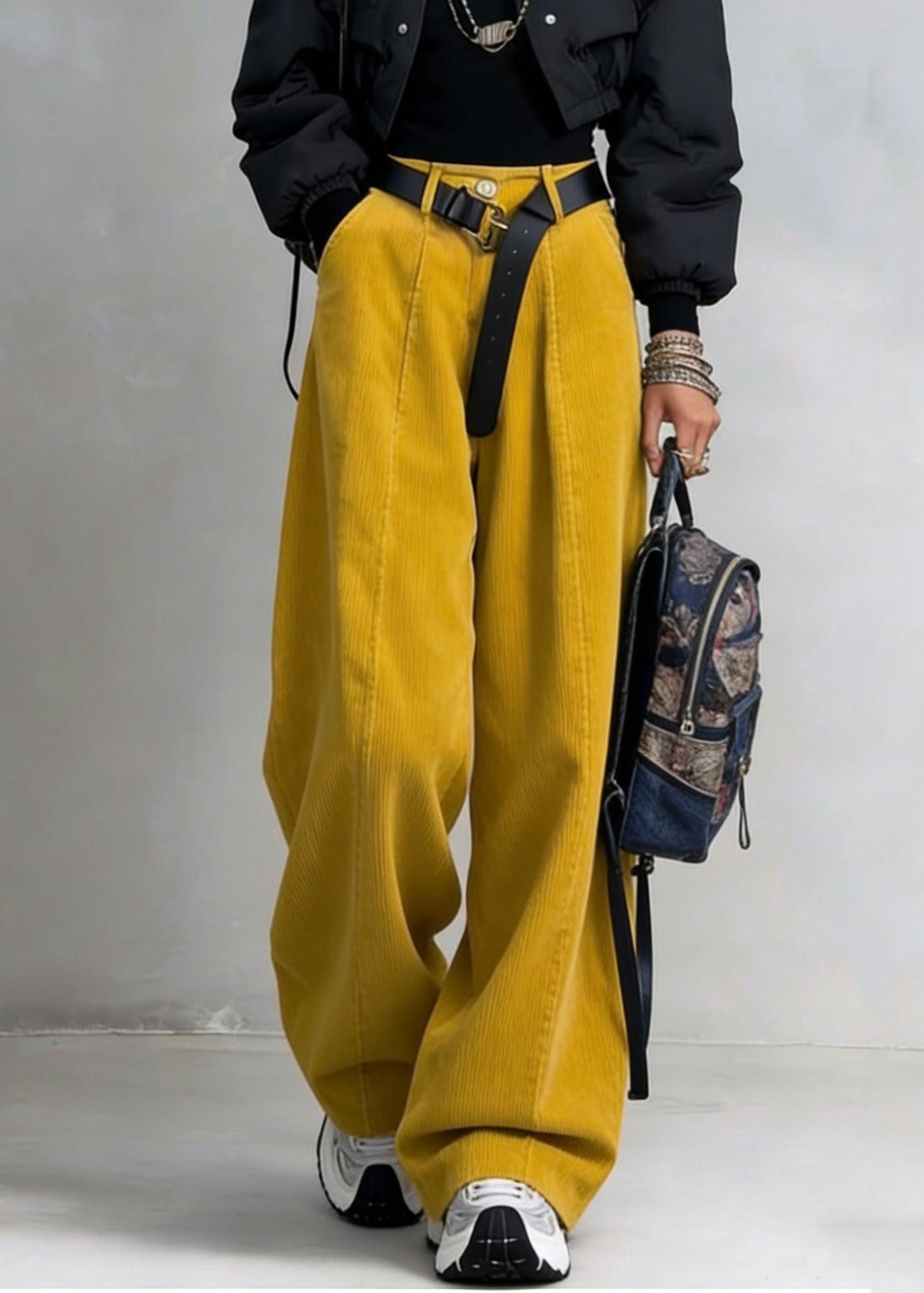Organic Yellow High Waist Pockets Patchwork Corduroy Wide Leg Pants Spring