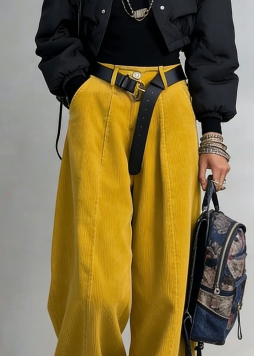 Organic Yellow High Waist Pockets Patchwork Corduroy Wide Leg Pants Spring