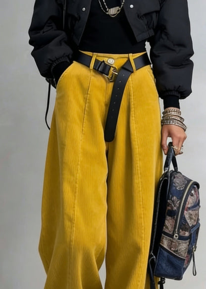 Organic Yellow High Waist Pockets Patchwork Corduroy Wide Leg Pants Spring