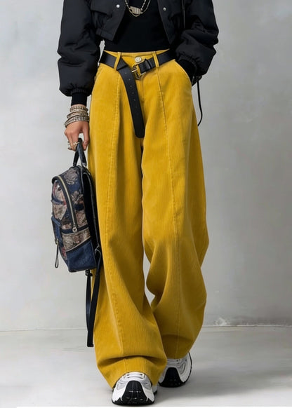 Organic Yellow High Waist Pockets Patchwork Corduroy Wide Leg Pants Spring