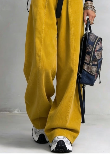 Organic Yellow High Waist Pockets Patchwork Corduroy Wide Leg Pants Spring