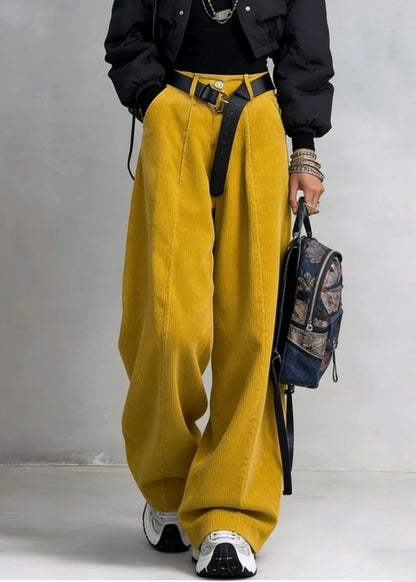 Organic Yellow High Waist Pockets Patchwork Corduroy Wide Leg Pants Spring