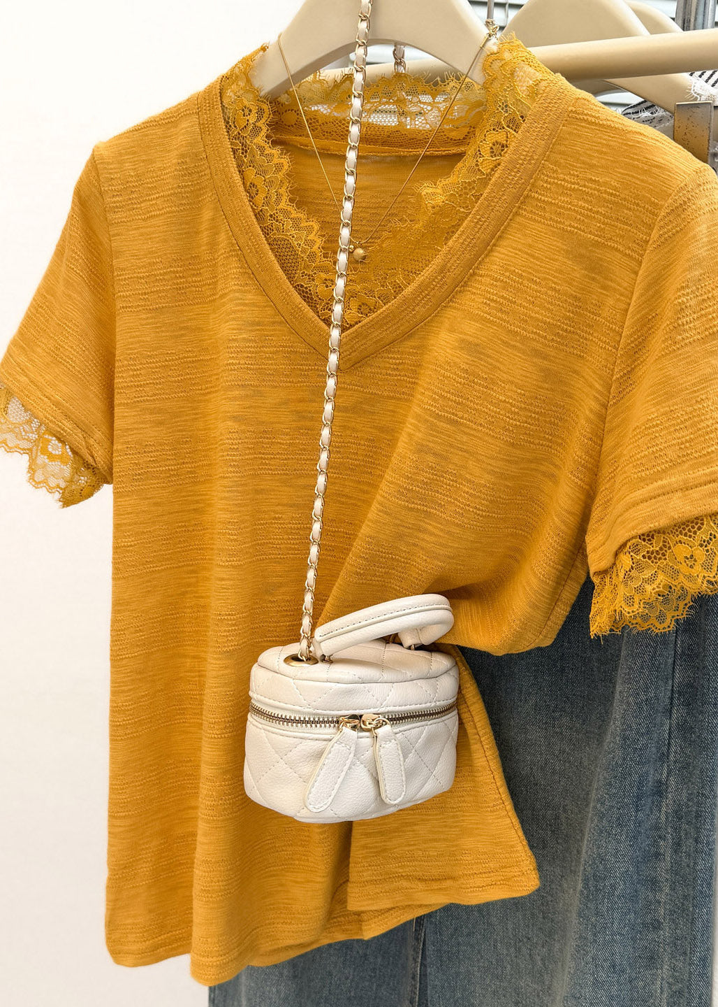 Organic Yellow Lace Patchwork T Shirt Summer