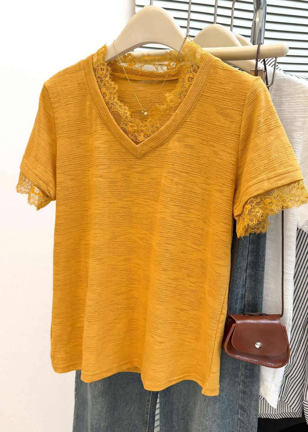Organic Yellow Lace Patchwork T Shirt Summer