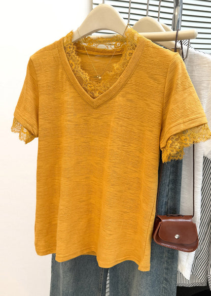 Organic Yellow Lace Patchwork T Shirt Summer