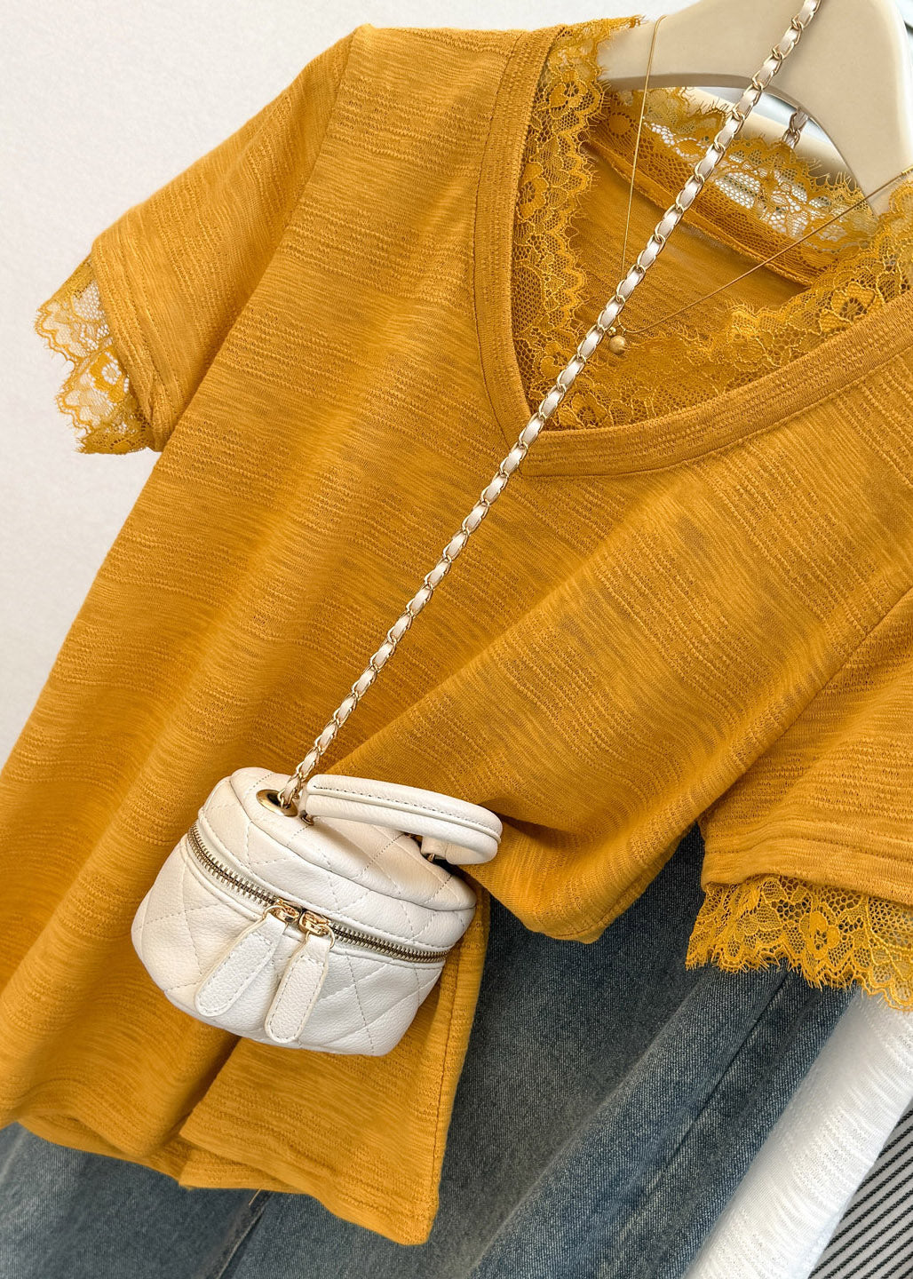 Organic Yellow Lace Patchwork T Shirt Summer