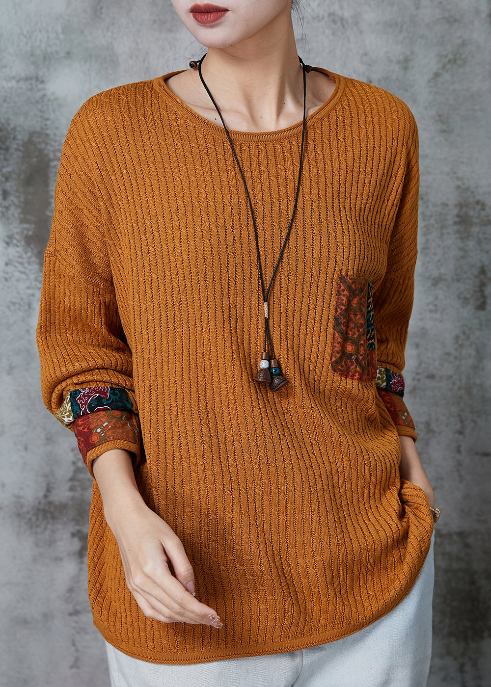 Organic Yellow Oversized Patchwork Applique Knit Tops Spring