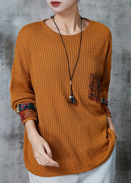 Organic Yellow Oversized Patchwork Applique Knit Tops Spring