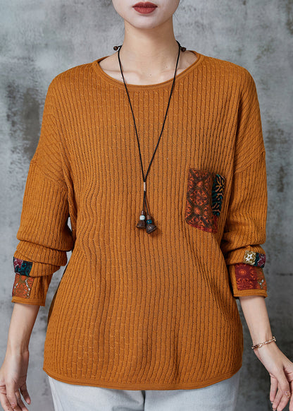 Organic Yellow Oversized Patchwork Applique Knit Tops Spring