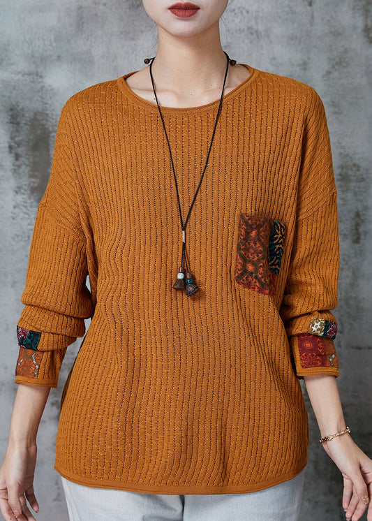 Organic Yellow Oversized Patchwork Applique Knit Tops Spring