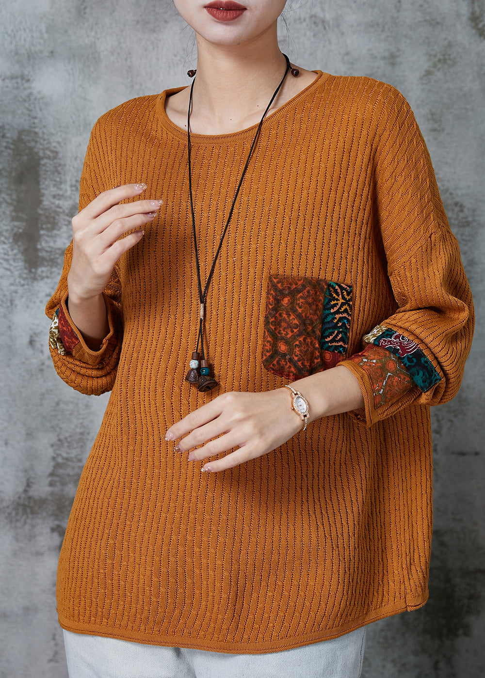 Organic Yellow Oversized Patchwork Applique Knit Tops Spring