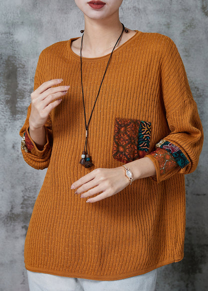 Organic Yellow Oversized Patchwork Applique Knit Tops Spring