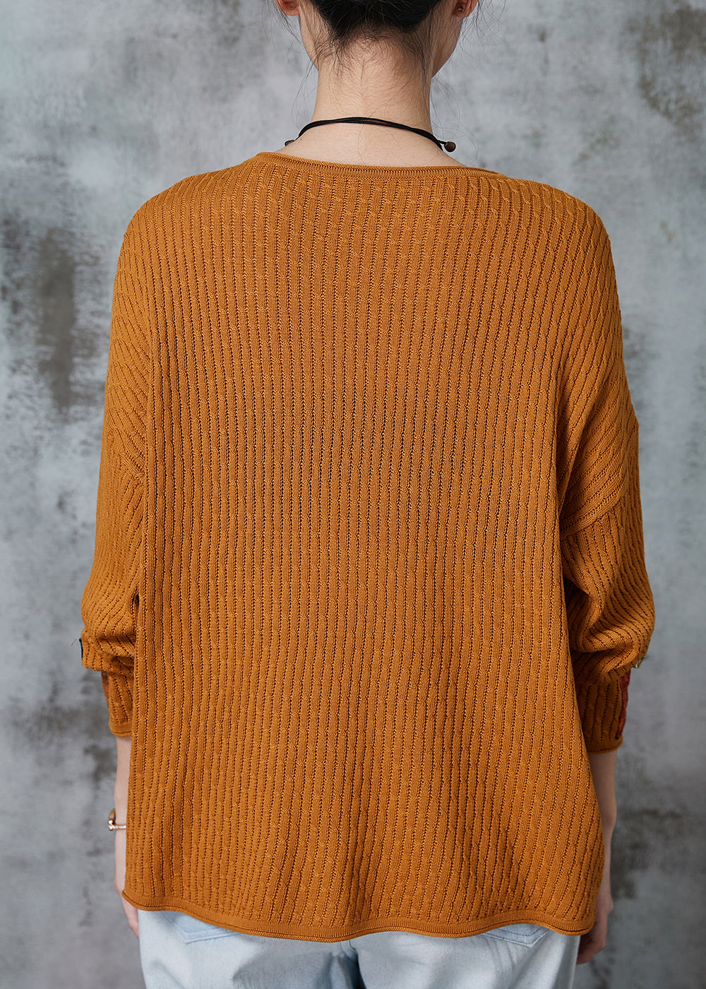 Organic Yellow Oversized Patchwork Applique Knit Tops Spring