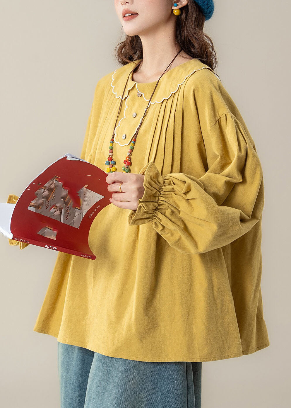 Organic Yellow Peter Pan Collar Patchwork Top Lantern Sleeve