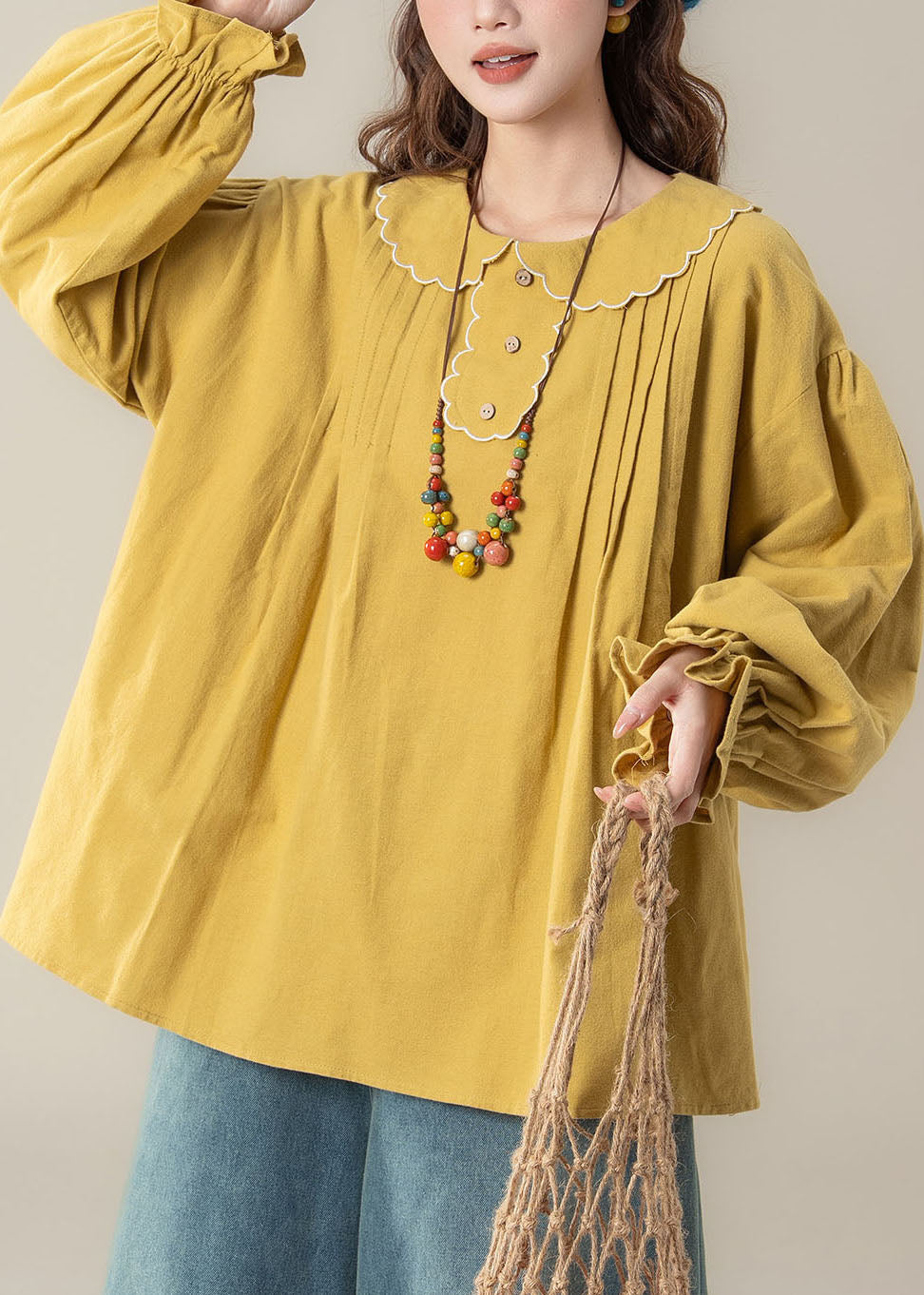 Organic Yellow Peter Pan Collar Patchwork Top Lantern Sleeve