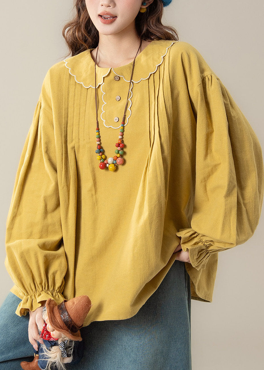 Organic Yellow Peter Pan Collar Patchwork Top Lantern Sleeve