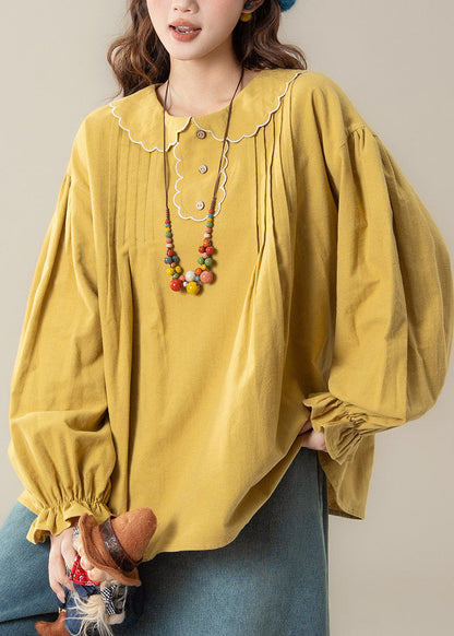 Organic Yellow Peter Pan Collar Patchwork Top Lantern Sleeve