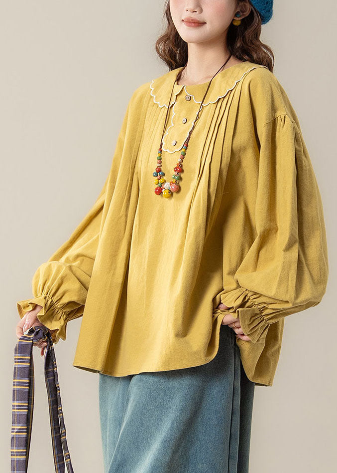 Organic Yellow Peter Pan Collar Patchwork Top Lantern Sleeve