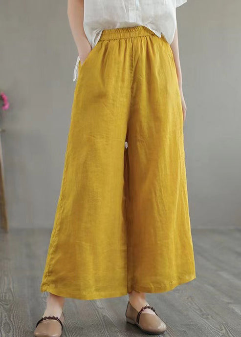 Organic Yellow Pockets Elastic Waist Linen Wide Leg Pants Summer