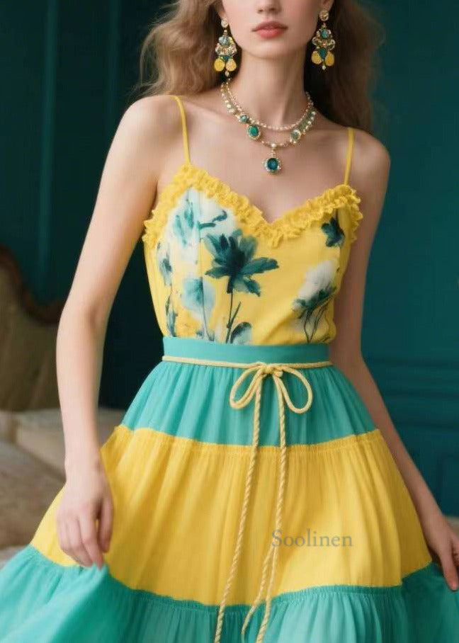 Organic Yellow Ruffled Patchwork Chiffon Spaghetti Strap Dress Summer