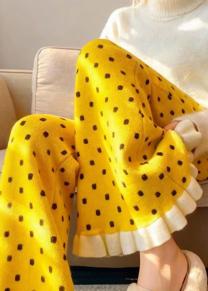 Organic Yellow Ruffled Print Knit Flare Bottoms Pants Winter