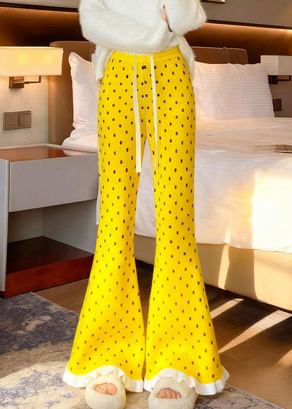 Organic Yellow Ruffled Print Knit Flare Bottoms Pants Winter