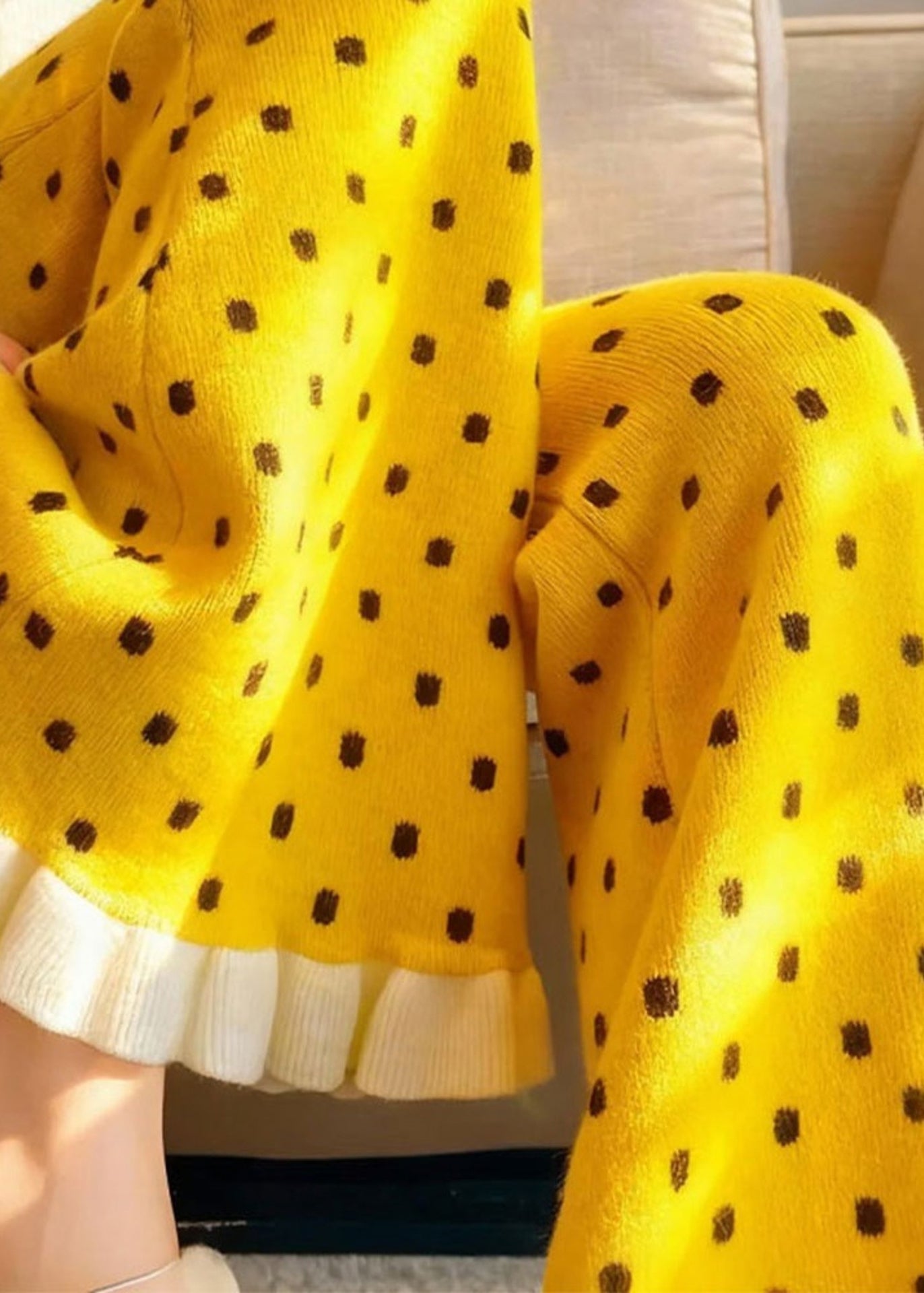Organic Yellow Ruffled Print Knit Flare Bottoms Pants Winter