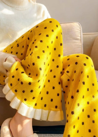 Organic Yellow Ruffled Print Knit Flare Bottoms Pants Winter