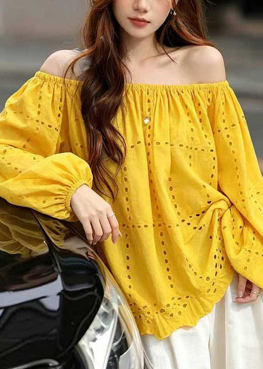 Organic Yellow Slash Neck Hollow Out Shirt Fall
