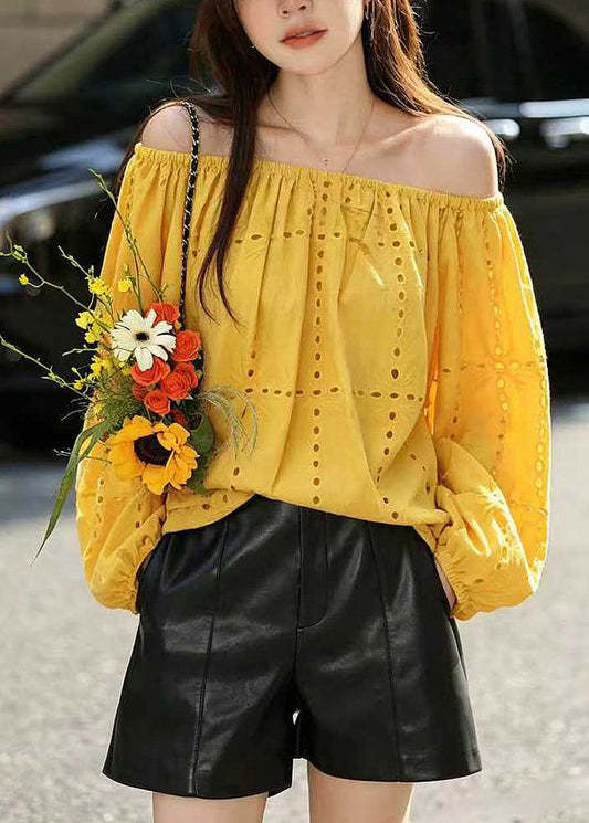 Organic Yellow Slash Neck Hollow Out Shirt Fall