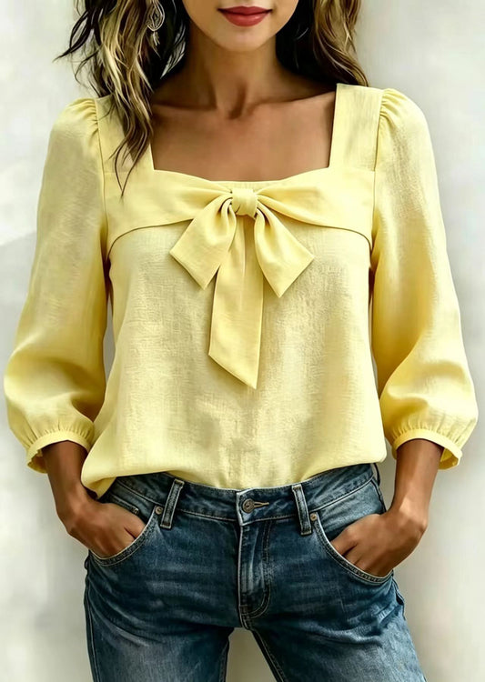 Organic Yellow Square Collar Bow Cotton Shirts Long Sleeve