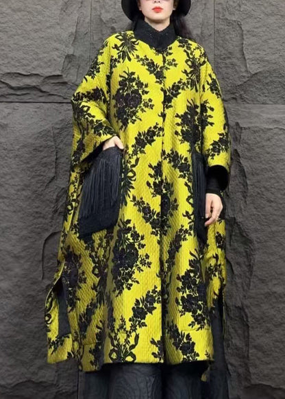 Organic Yellow Stand Collar Pockets Print Parka Winter