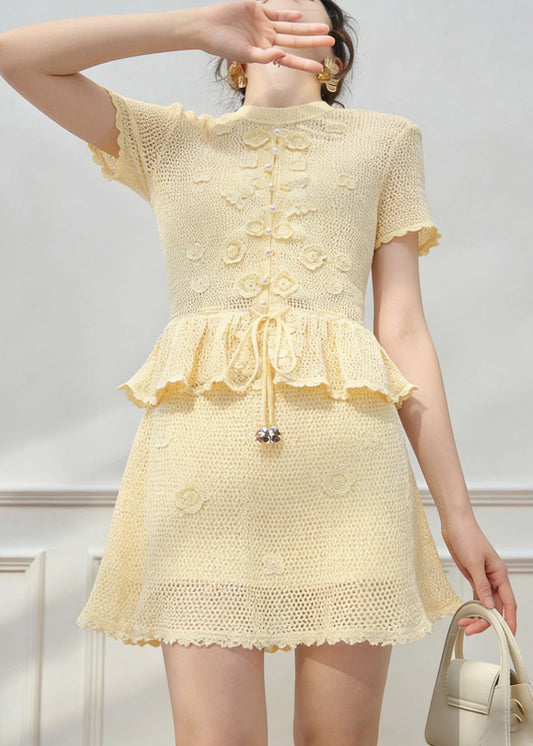 Organic Yellow Tie Waist Knit Top And Skirts Two Pieces Set Short Sleeve