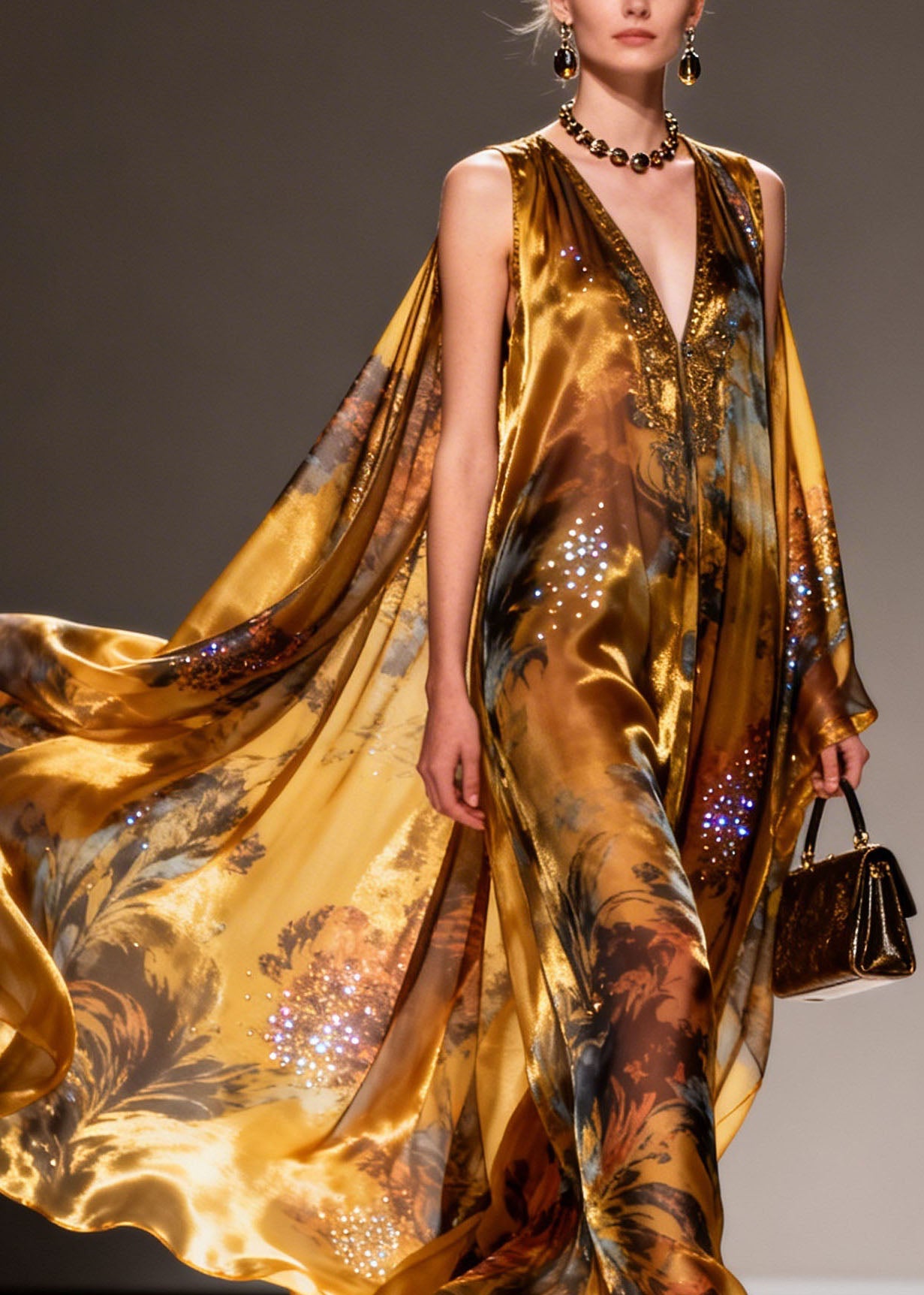 Organic Yellow V Neck Print Zircon Chiffon Maxi Dresses Summer