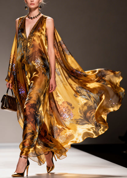 Organic Yellow V Neck Print Zircon Chiffon Maxi Dresses Summer