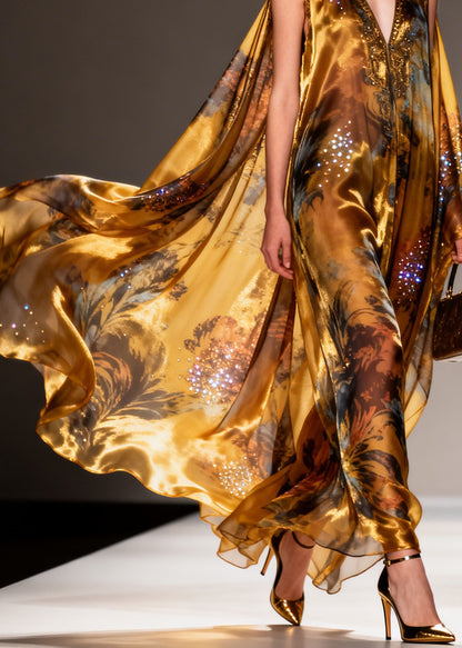 Organic Yellow V Neck Print Zircon Chiffon Maxi Dresses Summer