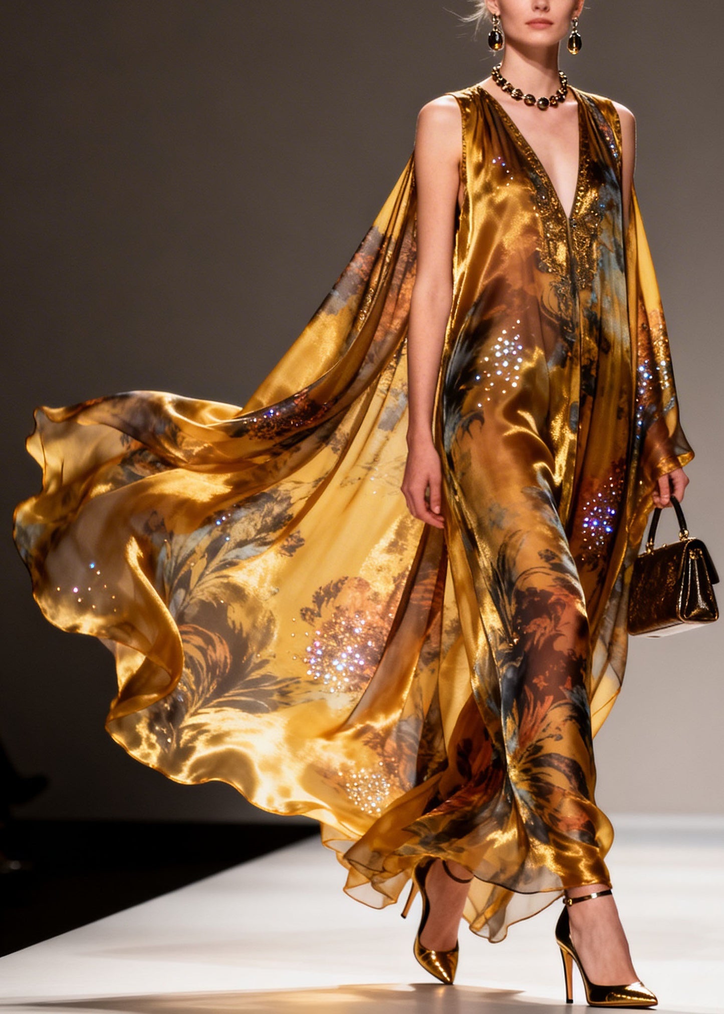 Organic Yellow V Neck Print Zircon Chiffon Maxi Dresses Summer