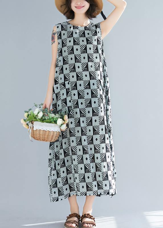 Organic black Geometric cotton o neck sleeveless long summer Dresses - SooLinen