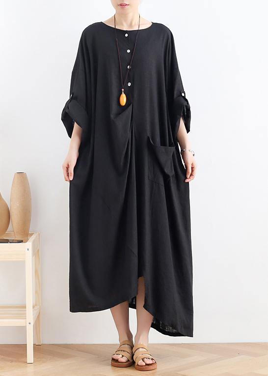 Organic black cotton dresses o neck asymmetric Maxi summer Dresses - SooLinen