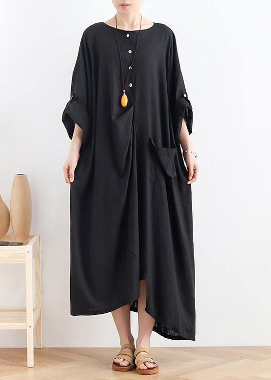 Organic black cotton dresses o neck asymmetric Maxi summer Dresses - SooLinen