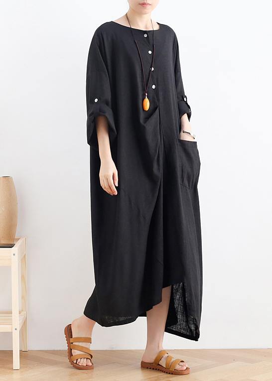 Organic black cotton dresses o neck asymmetric Maxi summer Dresses - SooLinen