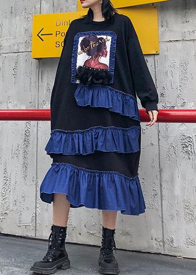 Organic black cotton pattern Ruffles patchwork Kaftan Dress - SooLinen